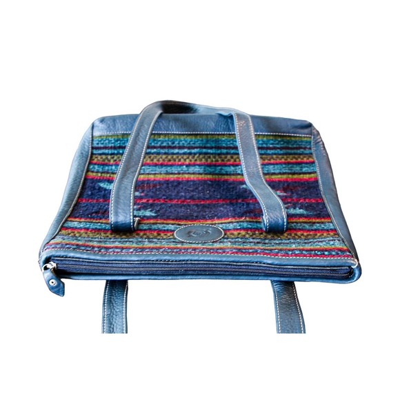 Born 100% Leather And Wool Large Zip Tote Bag Blue Red Mexican Motifs - Picture 5 of 7